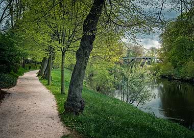 Park Path by River with Bridge