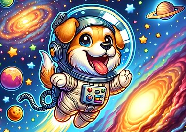 Cute Astronaut Dog in Colorful Galaxy – Whimsical Space Art Poster