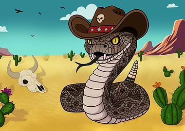 Cartoon Rattlesnake Cowboy in Desert Landscape