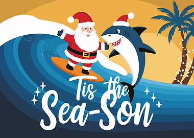 Santa and Shark Surfing Christmas