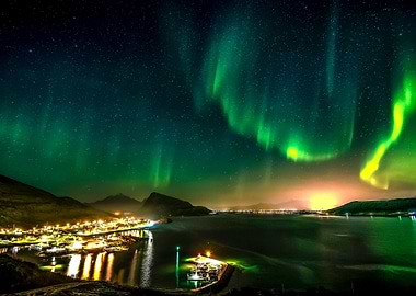 Aurora Borealis over Coastal Town
