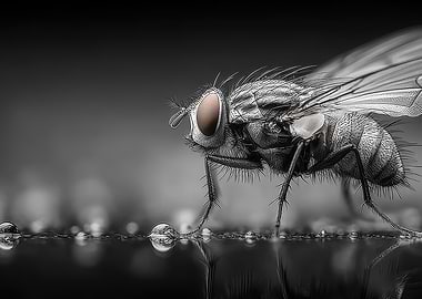 Monochrome Fly with Water Droplets
