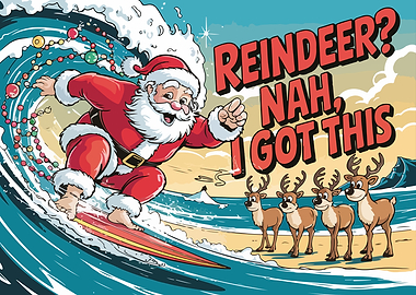 Surfing Santa Claus with Reindeer