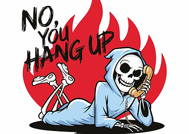 Skeleton on Phone with Fiery Backdrop