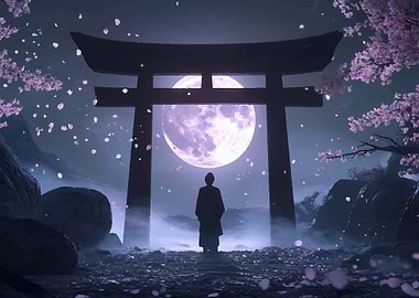 Japanese Torii Gate Full Moon