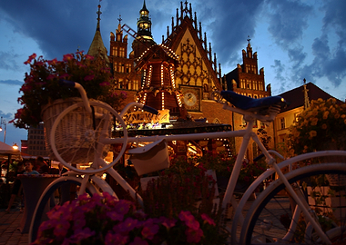 Wroclaw, Poland at Night with Bicycle