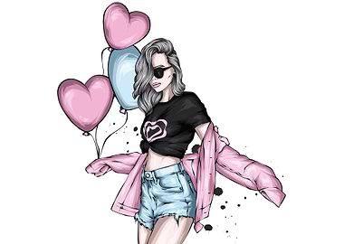 Stylish Girl with Balloons Illustration