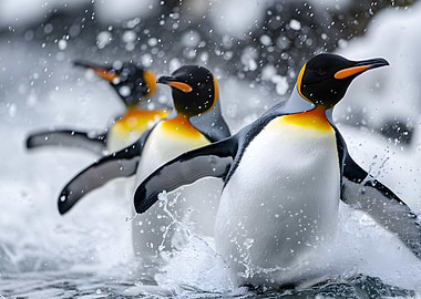 King Penguins Wading Through Water