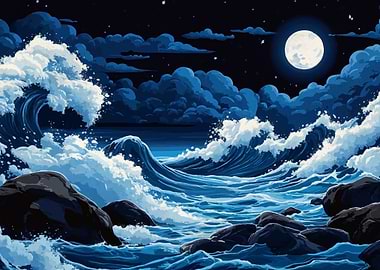 Moonlit Ocean Waves Rocks