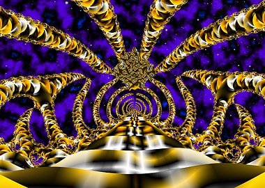 'Hatchling' Fractal Space Landscape with Golden Structures