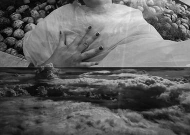 Monochrome layered image with clouds and figure