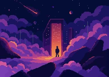 Retro SciFi Cloud Door Pixel Art Illustration