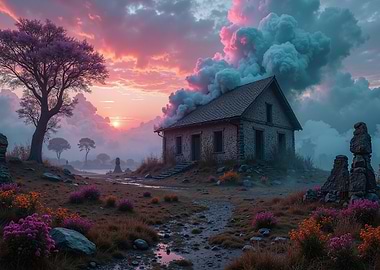 Burning House at Sunset