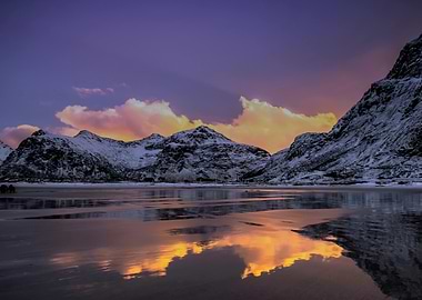 Snowy Mountains Reflecting Sunset Sky