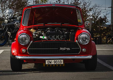 Red Mini Cooper with Open Hood