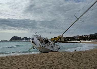 Stranded Sailboat on Sandy Beach