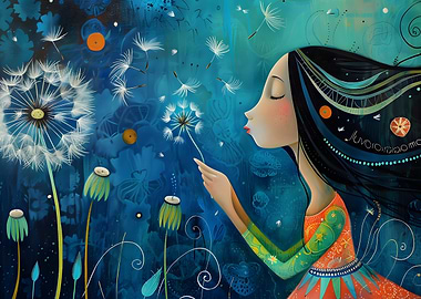 Girl blowing dandelion seeds art