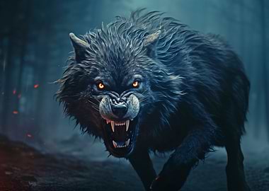 Angry Wolf in Dark Forest