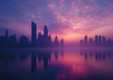 Cityscape at dawn with water reflection