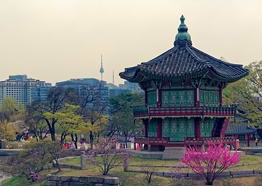 Korean Pagoda with Seoul Tower Backdrop