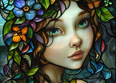 Floral Girl Stained Glass Portrait