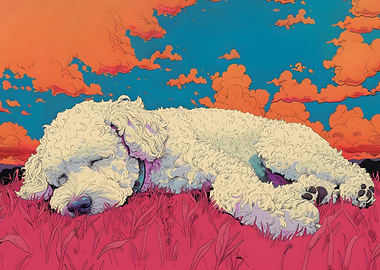 Sleeping Dog in Pink Field