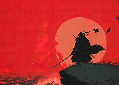 Samurai Silhouette Against Red Moon