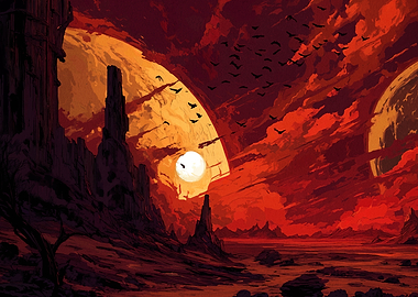 Red Alien Landscape with Birds