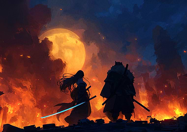 Samurai Duel Under a Fiery Sky