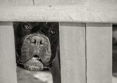 Dog peeking through fence, black and white