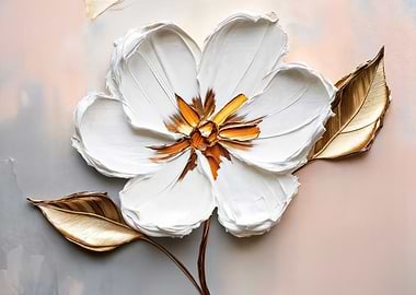 White Flower with Golden Leaves Painting