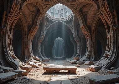 Ancient Stone Hall with Light Beams