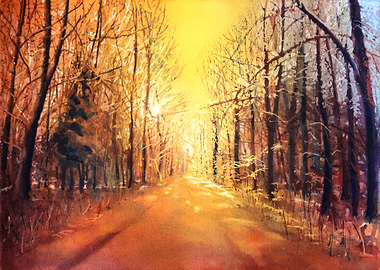 Watercolor Forest Path at Sunset