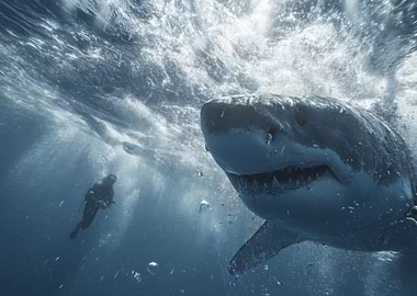 Great White Shark and Diver Underwater