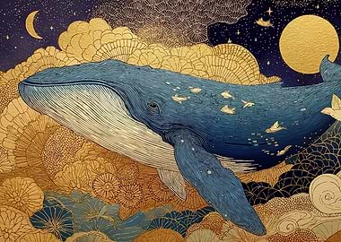 Whale Golden Floral Sea