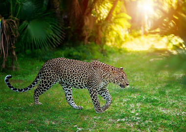 Leopard walking in a green field