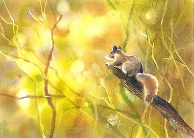 Squirrel on Branch Watercolor Painting