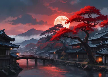 A Japanese Village Under a Crimson Moon