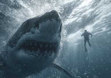 Great White Shark and Diver