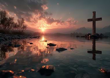 Cross at Sunset on Lake