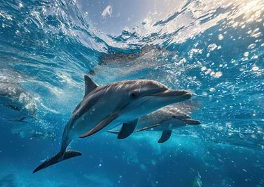 Dolphins swimming underwater in clear ocean
