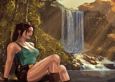 Lara Croft at Waterfall enhanced