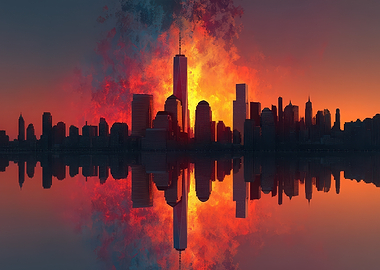 Fiery New York City Skyline Reflection