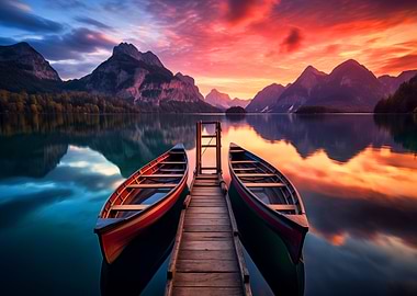 Canoes on Lake at Sunset Landscape