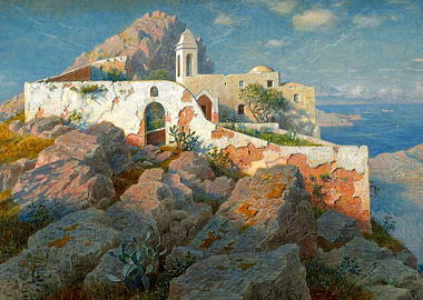 Painting of a building on a hill