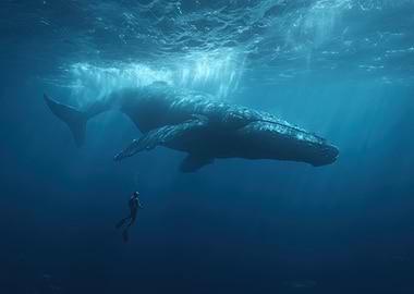 Whale and Diver in Deep Blue