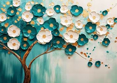 Floral Tree Painting with Teal and White