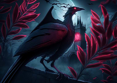 Gothic Raven with Castle and Moon