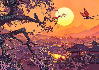 Japanese Cityscape with Cherry Blossoms