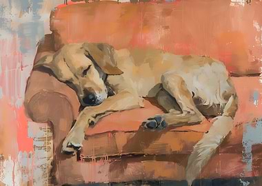 Sleeping Dog on Orange Couch Painting